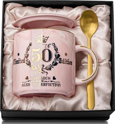 Image de Cadeau 50ème anniversaire femme - 400ml marbre tasse à café motif doré en rose