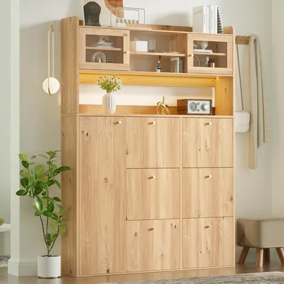 Obrázek produktu pro MODFU botník se 6 výklopnými přihrádkami, LED vitrínou, moderní botník se skleněnými dvířky, předsíňová komoda vhodná do chodby a vstupní haly, přírodní design
