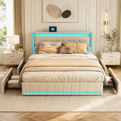 Immagine prodotto di Letto matrimoniale INONEFT con contenitore, dimensioni 140x200 cm, imbottito con 4 cassetti, letto per ragazzi con luci LED, prese USB e Type-C, completo di rete a doghe, rivestito in lino beige, productTiles.product.images.aiGenerated