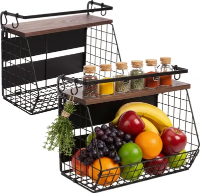 Produktbild von Relaxdays Obstkorb Wandregal 2er Set, Küchenorganizer magnetisch, HBT: 30x35,5x21 cm, Korb Metall, schwarz/dunkelbraun