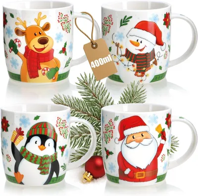 Produktbild von ® 4x Kaffeebecher aus Keramik 400 ml - Kaffee-Tasse in weihnachtlichem Design - Kaffeepott für Kalt- und Heißgetränke - bunte Henkeltassen zur Adventszeit (Weihnachten - 400ml)