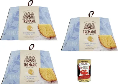 Produktbild von Tre Marie Panettone Capolavoro Bianco 3x 800 g – ohne Rosinen & ohne kandierte Früchte – italienischer Weihnachtskuchen mit feiner Butter, weich & duftend + Italian Gourmet polpa 400g
