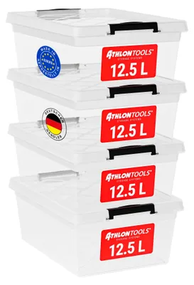 Aufbewahrungsboxen 4x 12 L mit Deckel, transparent, stapelbar