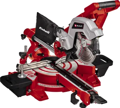 A red and silver miter saw is shown against a white background.