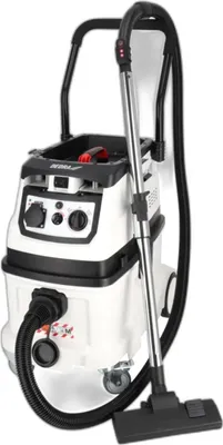 A white industrial vacuum cleaner with a black hose and silver wand is shown against a white background.