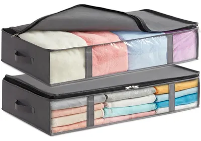 Immagine prodotto di Borsa portaoggetti sotto il letto - 2 pezzi - 65 L - 90 x 48 x 15 cm - Grigio - Pieghevole con finestra trasparente