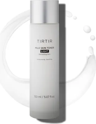 A bottle of Tirtir Milk Skin Toner Light is shown against a white background with a splash of milk effect.