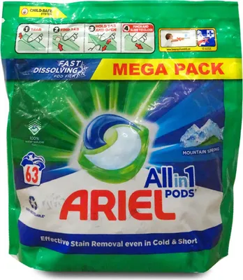 Produktbild von Ariel All in 1 Pods Mountain Spring Gelkapseln für Weiß- und Buntwäsche 63 Stück