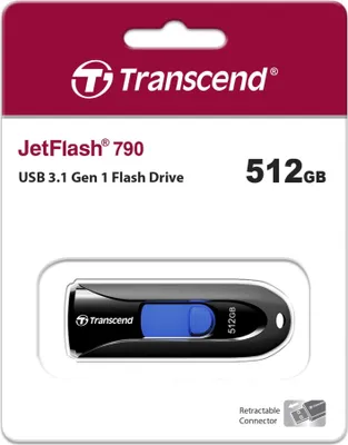 Produktbild von Transcend JetFlash 790, 512 GB, USB Typ-A, 3.2 Gen 1 (3.1 Gen 1), Dia, 18 g, Schwarz