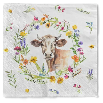 Produktbild von MANK Serviette Molly aus Tissue 3-lagig, 33 x 33 cm, 1/4 Falz, 100 Stück - Blumenkranz Kuh Landhausstil