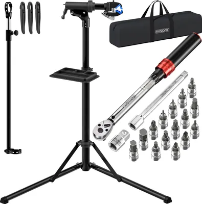 Image de MONZANA® Pied d’atelier vélo pliable 50kg clé dynamométrique 1/4" 1-25 Nm 18 pcs boîte sac de rangement pied de réparation vélo électrique support VTT