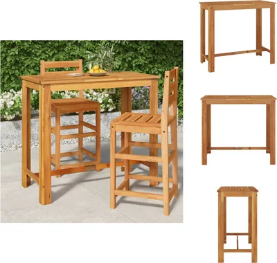 A collage of images showing a wooden bar table and stools, with one image showing the set in an outdoor setting.
