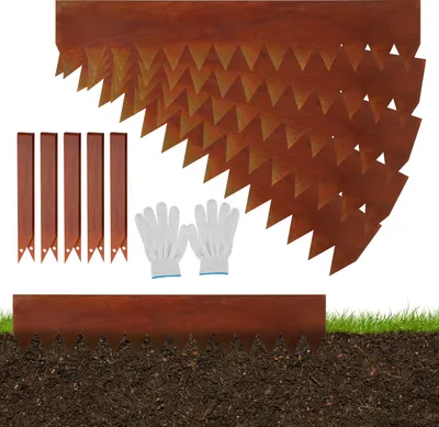 Produktbild von Jayseuw Rasenkante mit Spitzen Metall 100 x 20 cm 5m Beeteinfassung Mähkante Verzinkt Wegbegrenzung Beetumrandung Palisade inkl. Handschuhe Rost
