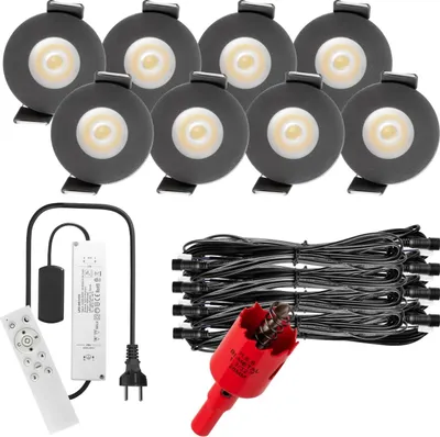 Produktbild von S-Polylight PREMIUM Mini LED- Einbauspots Kaltweiß 6.000K, Smart, Smarthome, App, Alexa, DIMMBAR, IP65, FUNK 3W LED Einbaustrahler Terrassenüberdachung, Terrassenbeleuchtung, Bad, Sauna, LED Spots mit Fernbedienung (ANTHRAZIT, 8x SMARTHOME LED-SET)