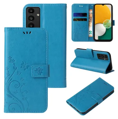 A collage of images showing a blue flip phone case with floral and butterfly designs from multiple angles.