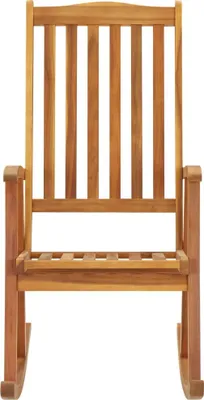 A front view of a wooden rocking chair.