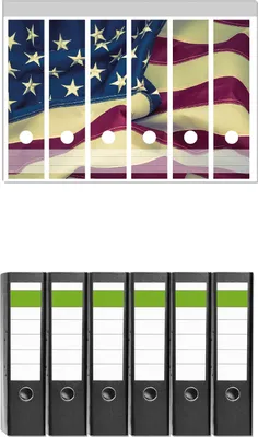 Produktbild von Wallario 6 Stück breite Ordner inkl. Klebeetiketten mit Motive Amerikanische Flagge im Wind -  Set mit Rückenschildern / Ordnerrücken Stickern