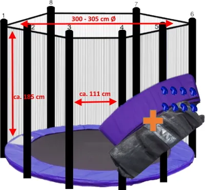 Produktbild von walexo Trampolin Randabdeckung + Sicherheitsnetz für 8 Stangensystem ( 305 cm Ø, Lila/Schwarz )