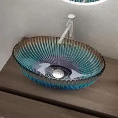 Image de doporro Lavabo à Poser Vasque en Verre Bleu Lave Mains Ovale de Salle de Bains Petit Lave-Mains pour WC 50,5x35x14,5 cm Minerva04