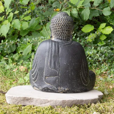 Produktbild von Japan Buddha Figur sitzend Skulptur Lotussitz Meditationsgeste Stein Lavasand Bali Steinfigur Garten Deko 30 cm