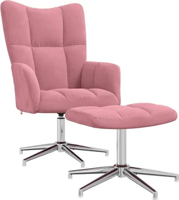 A pink velvet armchair and ottoman set on a white background.