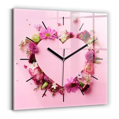 Produktbild von Wallfluent Wanduhr – Stilles Quarzuhrwerk - Uhr Dekoration Wohnzimmer Schlafzimmer Küche - Zifferblatt mit Striche - schwarze Zeiger - 30x30 cm - Herz aus Blumen