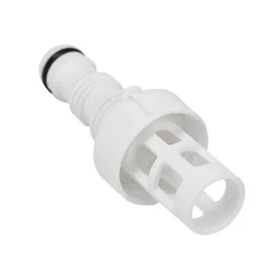A white plastic plumbing fitting with a grate at one end and a ribbed section with a black O-ring at the other, isolated on a white background.