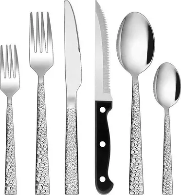 Immagine prodotto di Set di posate Unyqoos® da 36 pezzi in acciaio inossidabile per 6 persone – lucido e martellato, include: 6 coltelli da tavola, 6 coltelli da bistecca, 6 forchette, 6 cucchiai, 6 cucchiaini, resistente alla ruggine e adatto al lavaggio in lavastoviglie