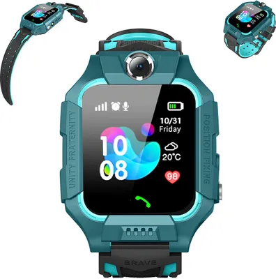 A teal smartwatch with a black strap is displayed against a white background. The watch face shows the time, date, temperature, and a heart rate reading. Two smaller images of the smartwatch are also visible in the top left and top right corners.