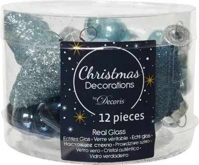 Produktbild von 12 blaue Glas-Weihnachtsfiguren, je ca. 2 cm lang, 4 cm breit, 4 cm hoch