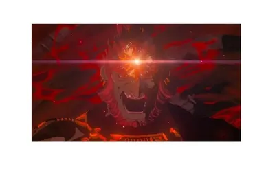 A close-up of a character with glowing red eyes and red energy surrounding them.