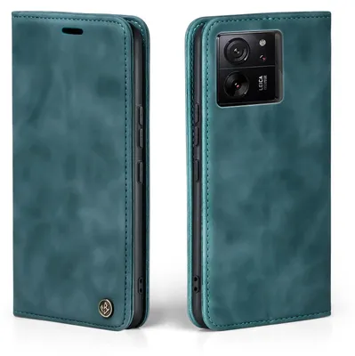 A teal flip case for a smartphone is shown from two angles.