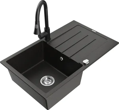 Produktbild von Mexen Bruno 1 Becken-Granitspüle mit Abtropffläche und Mischbatterie Elia, Schwarz/Gold metallisch - 6513-75-670101-70