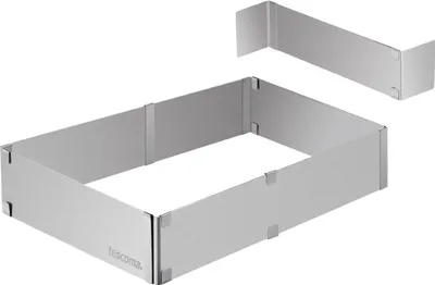 A rectangular baking frame and a separate corner piece made of brushed metal, displayed on a white background.