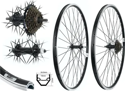 Produktbild von Aggro-X 26 Zoll Laufrad Set schwarz Vorderrad Hinterrad Felge Hohlkammer V-Profil + 7-Fach Shimano Kranz