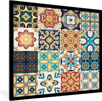 Produktbild von MuchoWow® Gerahmtes Poster Blumen - Vintage - Muster - Blau - Orange 40x40 cm - Poster mit Schwarzem Bilderrahmen Wandposter Rahmen Foto Bilder - Mit Rahmen - Wanddekoration Schlafzimmer