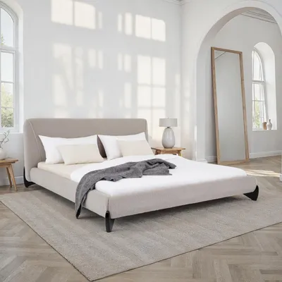 Produktbild von Polsterbett PATERNA gepolstert 180 x 200 cm, grau – modernes Doppelbett mit stabilem Lattenrost aus Holz, Bouclé Stoffbezug und Holzbeine Mid Century Design