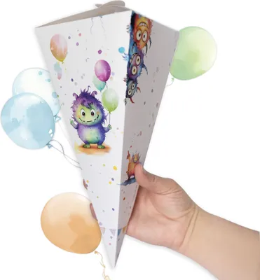Produktbild von Mini Schultüte für Geschwister Monster Design, Ideale Zuckertüte Jungen oder Mädchen, perfekt für Süßigkeiten | Kleine Schultüte für Schwester oder Bruder