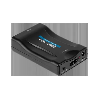 A black SCART to HDMI converter is shown on a light gray background.