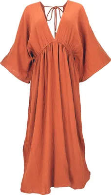Produktbild von Boho Sommerkleid, Luftiges Langarm-Baumwollkleid mit Tiefem Ausschnitt, Maxikleid, Kaftan - Rostorange, Damen, Baumwolle, Kleider