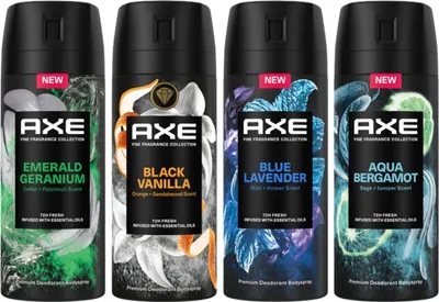 Produktbild von AXE Premium Bodyspray 4er Set Aqua Bergamot/ Black Vanilla/ Blue Lavender / Emerald Geranium Deo ohne Aluminiumsalze mit 72 Stunden Schutz gegen Körpergeruch 150 ml 4 Stück
