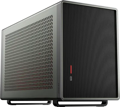 A black and gray computer case with a red accent is shown from a diagonal angle.