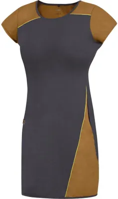 Kleid FLOWY LADY von DirectAlpine in Grau mit braunen und gelben Akzenten; kurzärmlig und figurbetont.