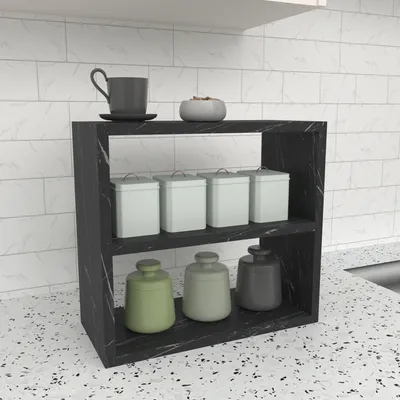 Zdjęcie produktu dla Półka kuchenna Hjo na przyprawy wolnostojąca na blat kuchenny Półka na przyprawy 40 x 43,5 x 20 cm Uchwyt na przyprawy Półka kuchenna marmurowa, czarna