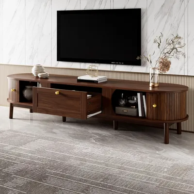 Image de OKWISH Meuble TV - Meuble TV Bas Angles Arrondis avec Portes Coulissantes et Poignées Dorées, MDF, Noyer