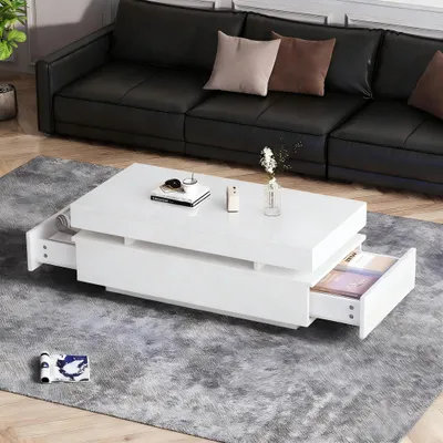Produktbild von MODFU Wohnzimmertisch Couchtisch Stauraum Beistelltisch Mit 2 Schubladen Led Ambientebeleuchtung Wohnzimmer Spanplatte Weiß 100 X 50 X 35 Cm