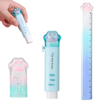 Productafbeelding van Schrijfgerei Set: Kattenpoot Puntenslijper, Blauw Gum en Liniaal