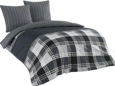 Produktbild von Bettwäsche 100% Baumwolle Renforce 200x200 + 80x80 grau schwarz kariert Wendefunktion 3 tlg