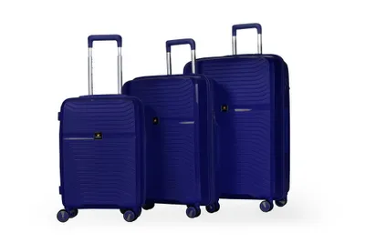 Immagine prodotto di set di 3 pezzi in plastica leggera Valigia con quattro ruote doppie Blu scuro
