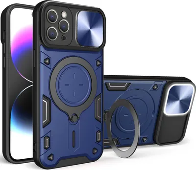 Produktbild von Handyhülle für iPhone 11 Pro Dual-Layer Stoßfest Rüstung Hülle mit Dia Kameraschutz und Kreisförmig Ring Ständer Blau